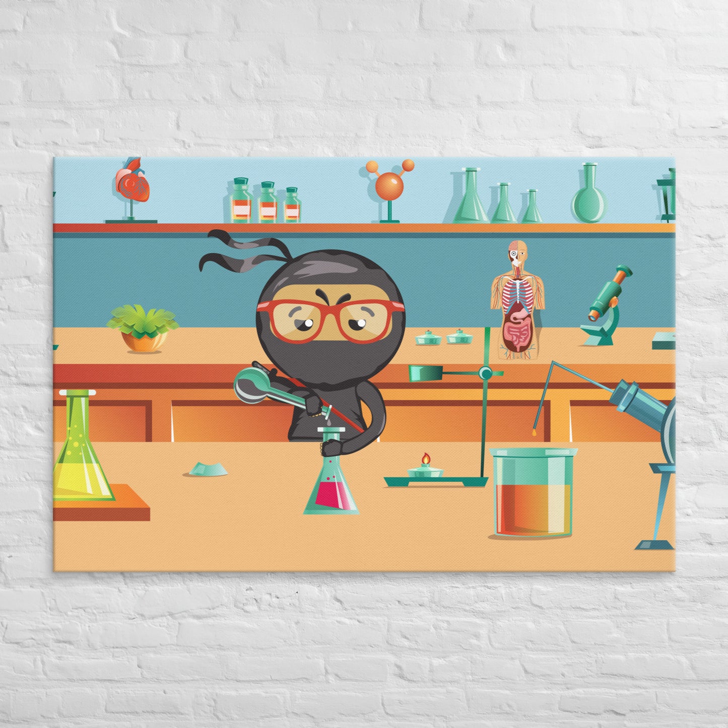 Cartoon ninja with red glasses in science lab with beakers, flasks, and microscope on wall art canvas