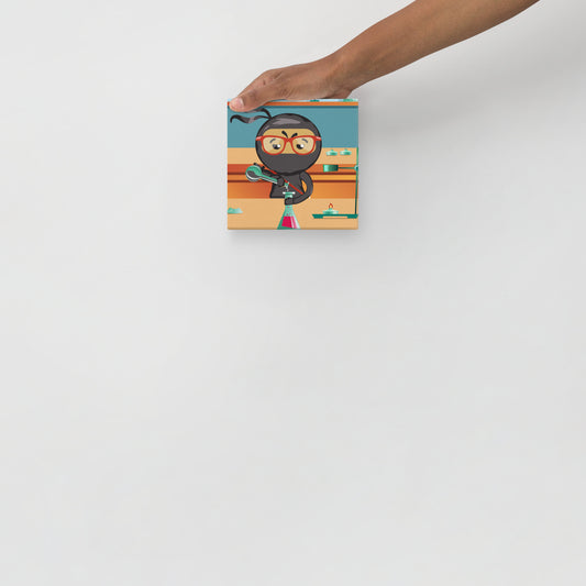 Hand holding small canvas with cartoon ninja scientist in a colorful lab setting