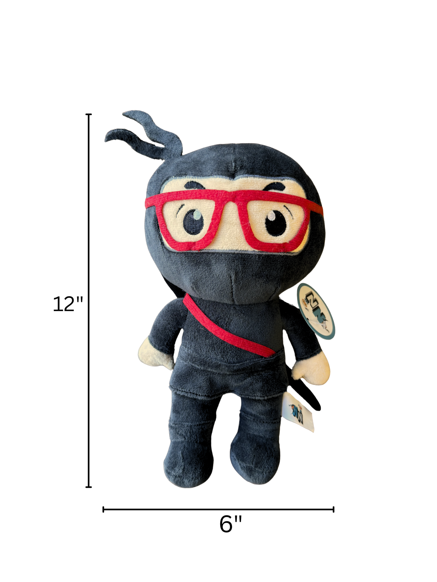 Plush ninja toy with red glasses and measurements on a white background