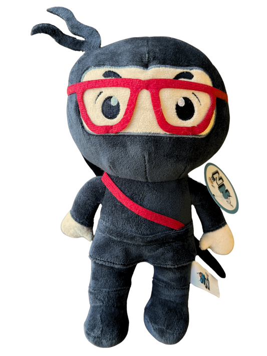 Plush toy ninja with red eyeglasses on a white background