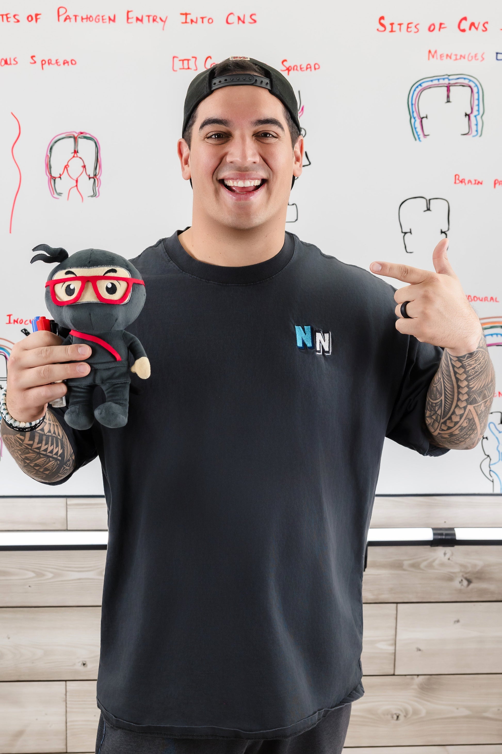 Person holding a plush toy with red glasses in front of a whiteboard with medical diagrams.