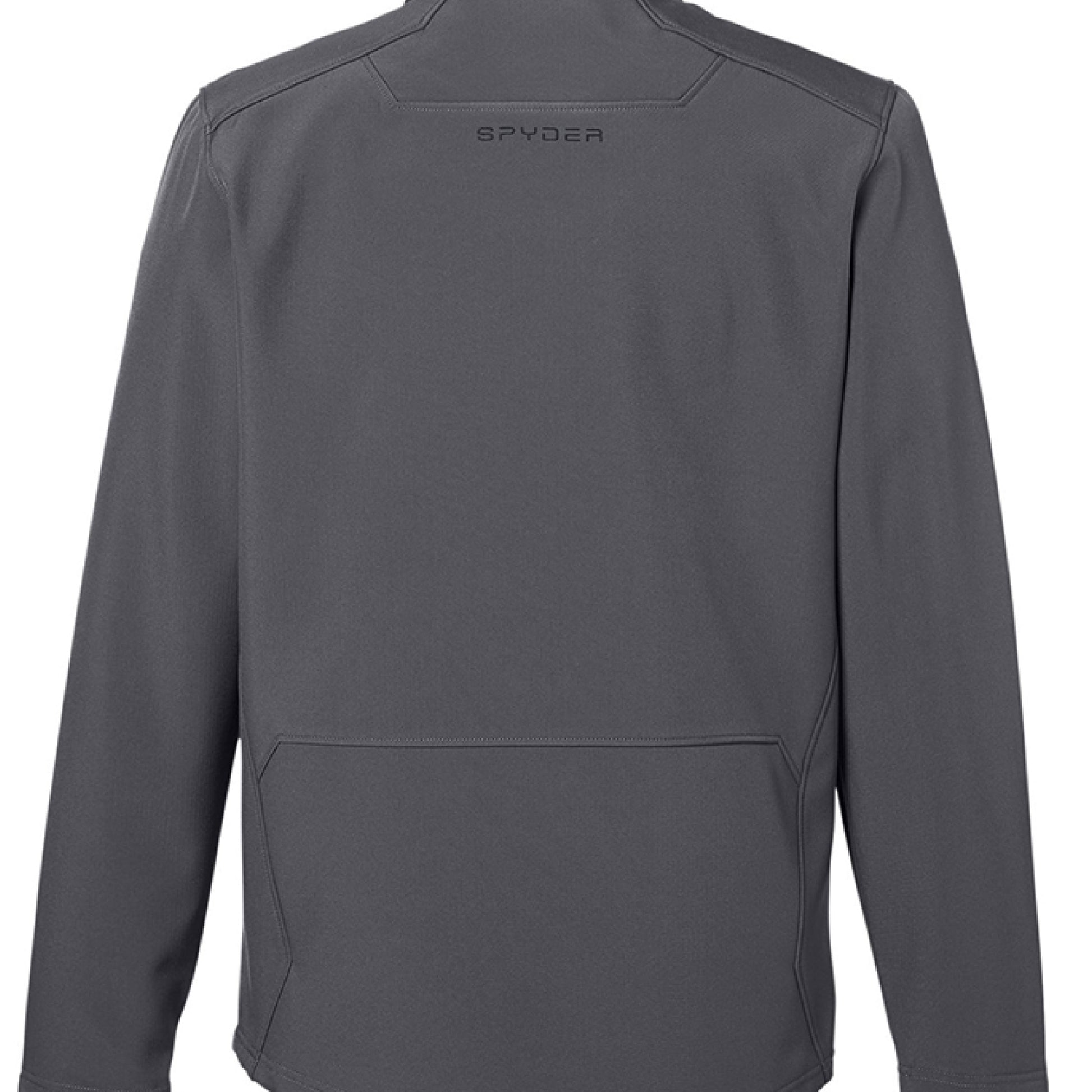 Back view of gray Spyder softshell jacket with long sleeves and high collar