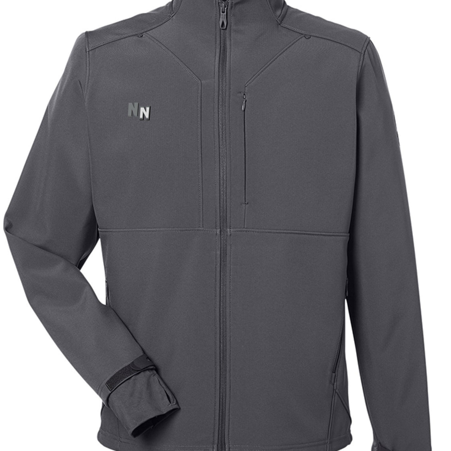 Gray softshell jacket with NN logo, zippered chest pocket, and adjustable cuffs