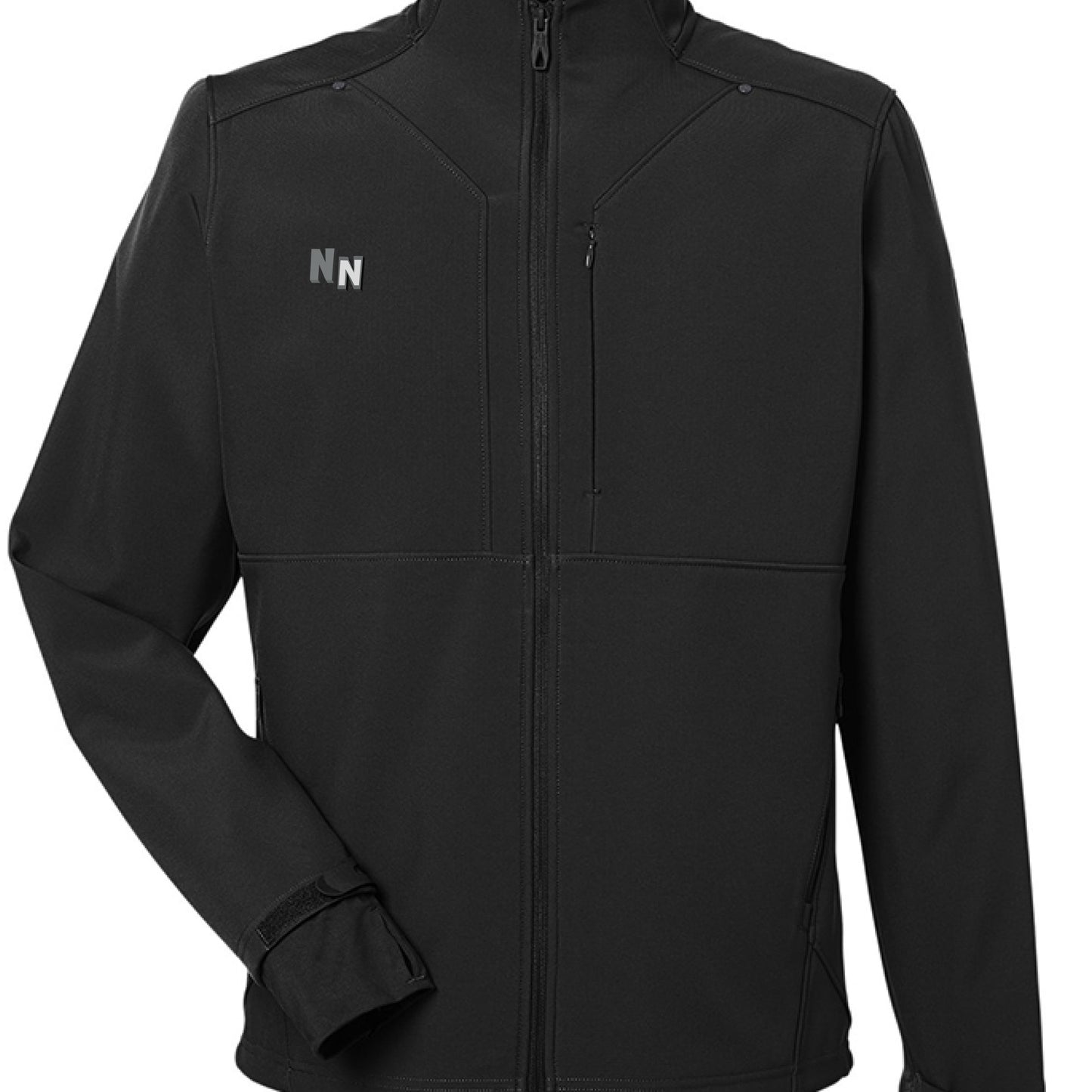 Black softshell jacket with NN logo, zip front, chest pocket, and adjustable cuffs