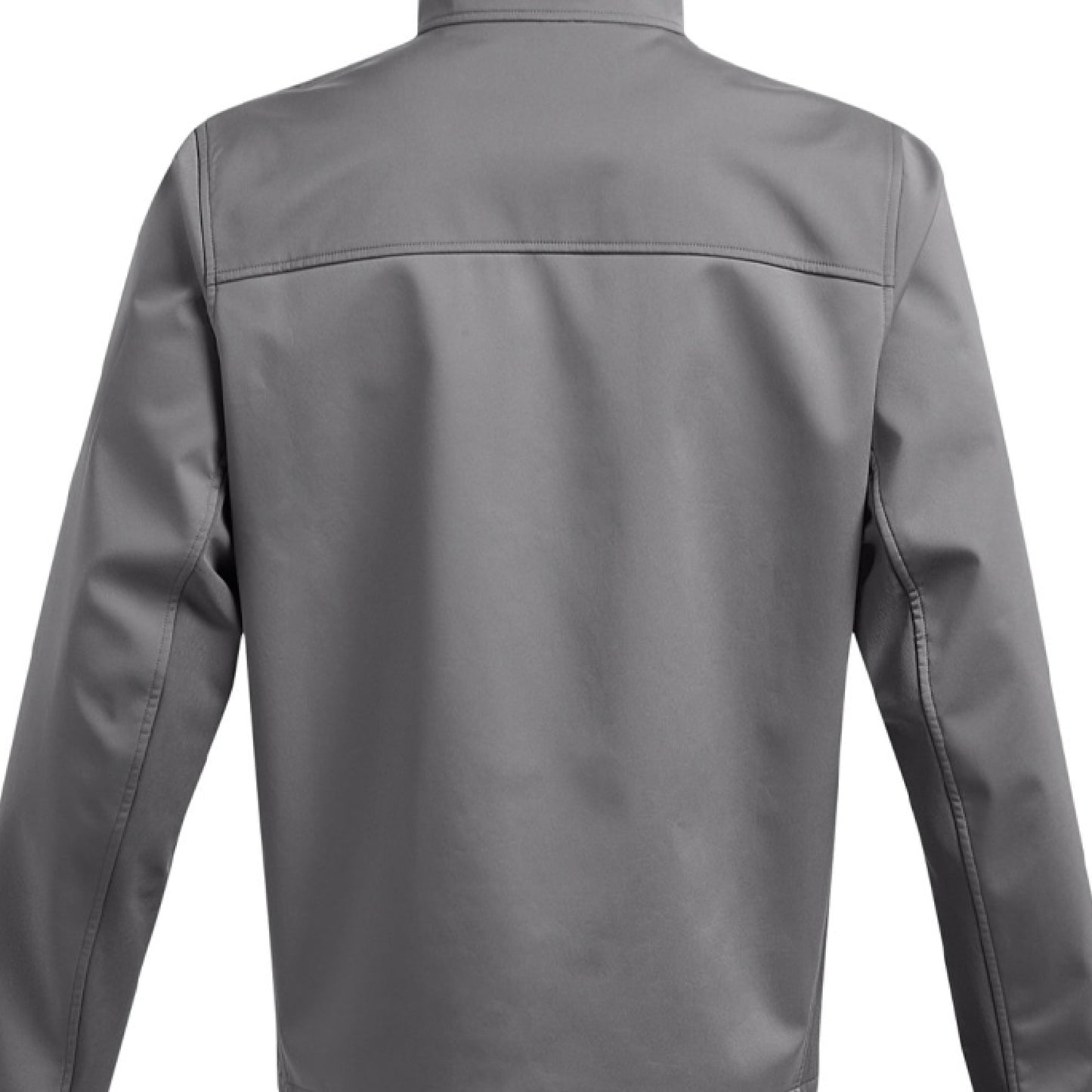 Back view of a gray men's softshell jacket with long sleeves