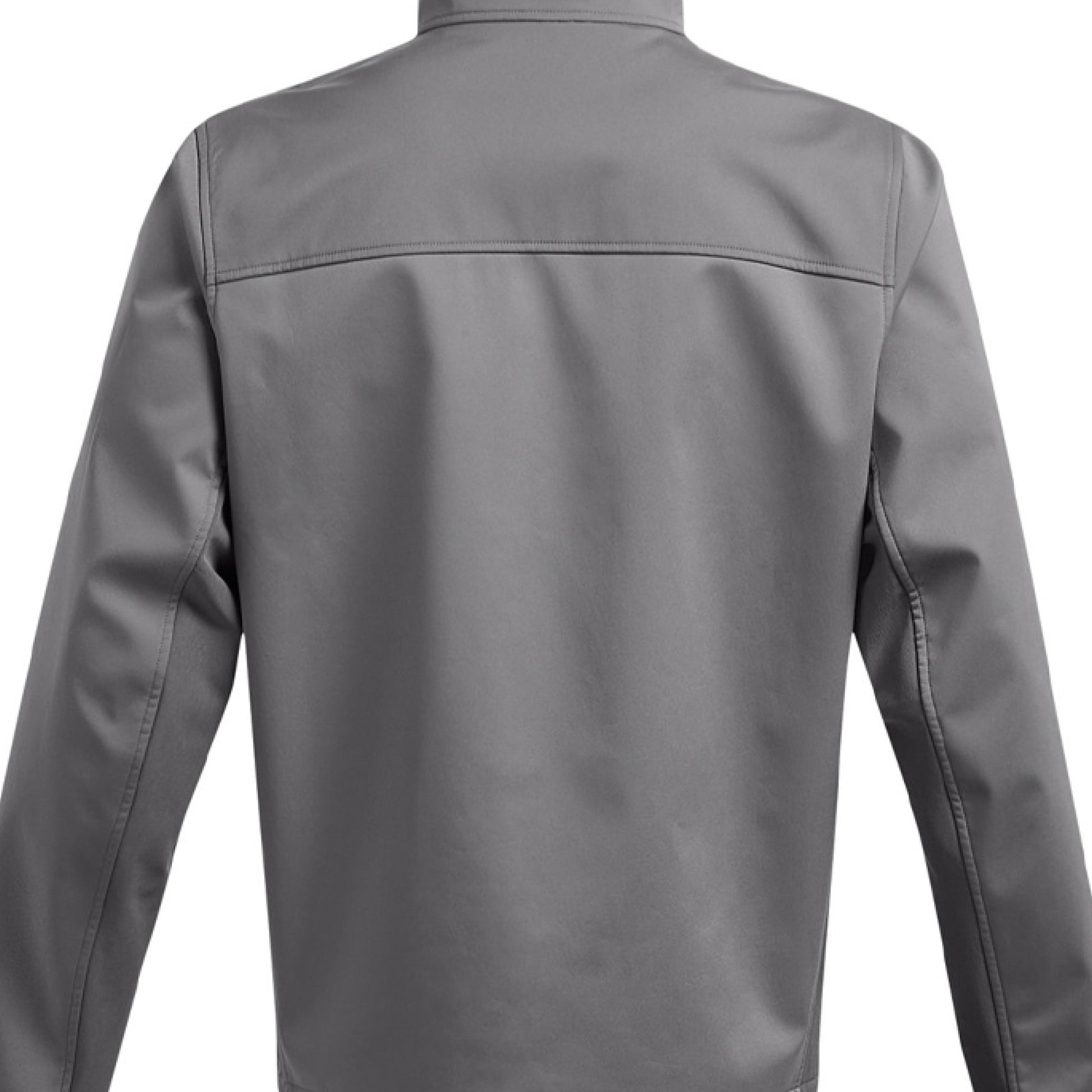 Back view of a gray men's softshell jacket with long sleeves