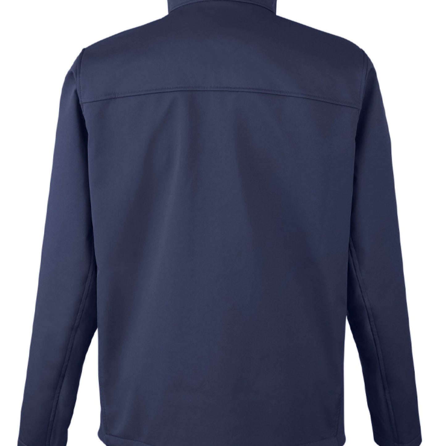 Back view of a navy blue men's jacket with long sleeves on a plain background