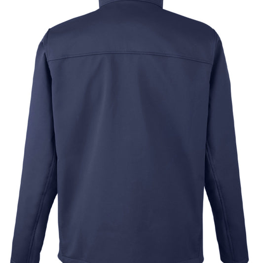 Back view of a navy blue men's jacket with long sleeves on a plain background