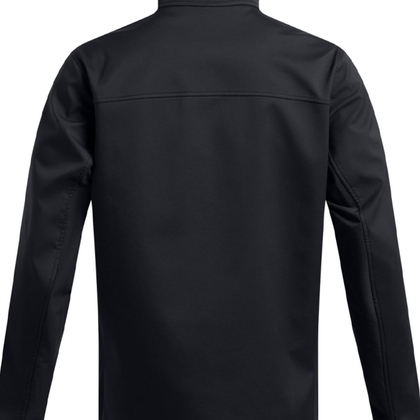 Back view of black long sleeve jacket with clean stitching on white background