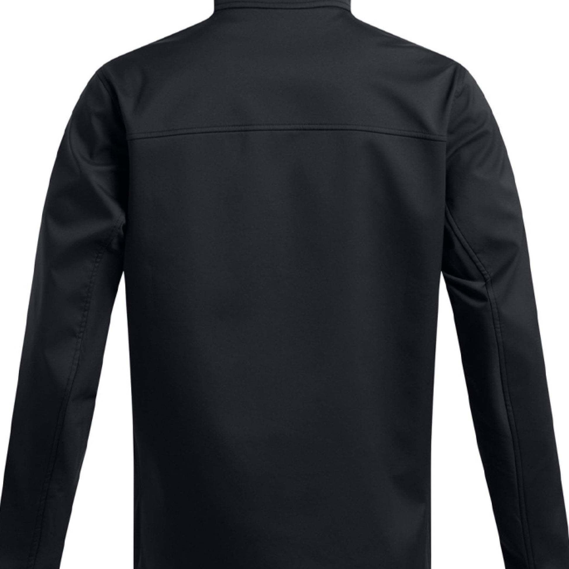 Back view of black long sleeve jacket with clean stitching on white background