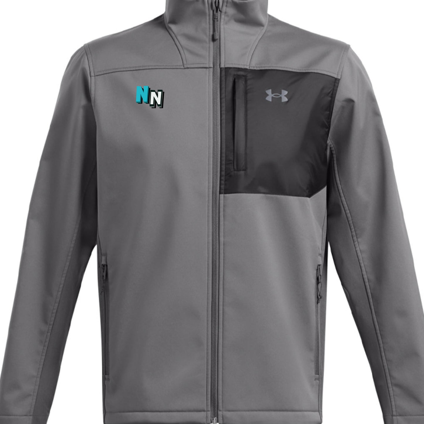 Gray Under Armour jacket with black chest pocket and blue NN logo on the left chest
