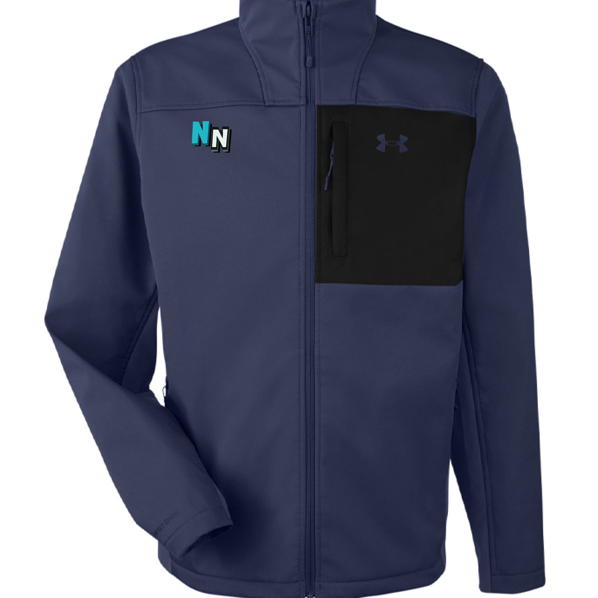 Navy blue Under Armour jacket with black chest pocket and NN logo on left chest