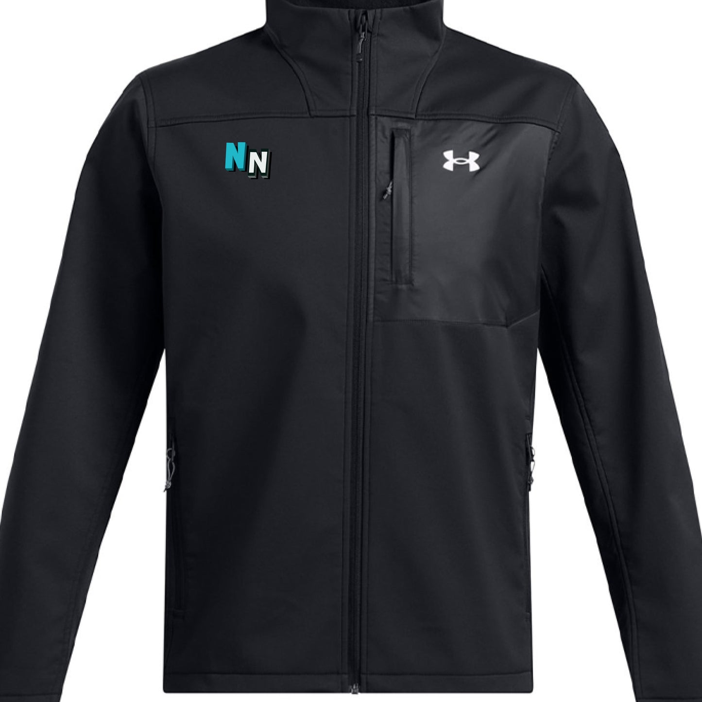 Black Under Armour jacket with NN logo on chest, front zipper, and zippered pockets