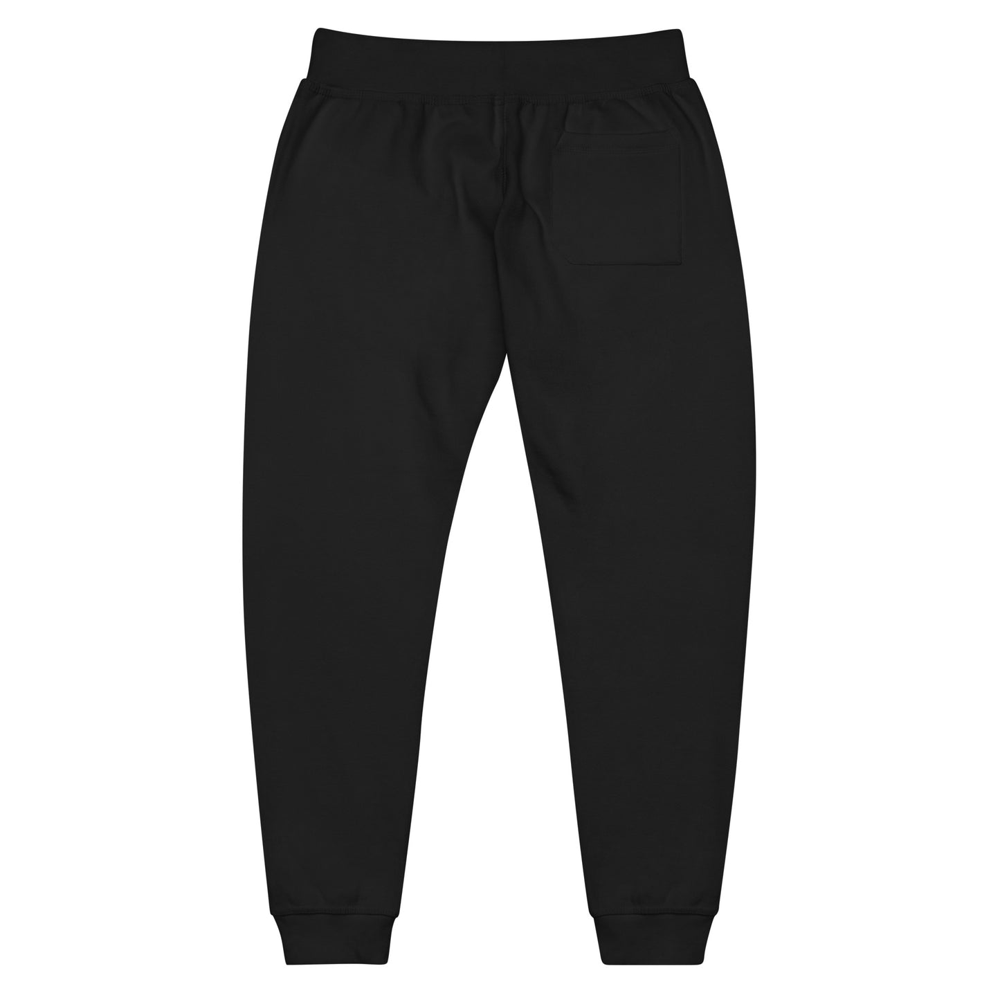 unisex black fleece sweatpants back view with elastic waistband and single back pocket